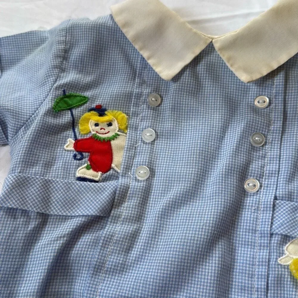 Vintage‎ boys one piece baby outfit size 3-6 months clowns Nannette blue gingham
